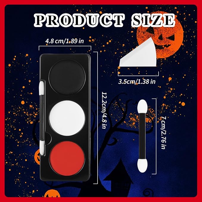 Black White Red Face Paint + 3PC Sponge + Brush,3 Colors Water-Based Red Body Paint Palette Kit for Devil Goths Joker Clown Vampire Skeleton,Halloween Cosplay SFX Makeup 21g