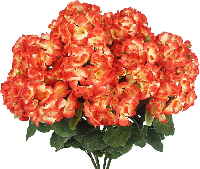 CISDUEO 4 Pcs Artificial Geraniums for Outdoors Silk Flowers Outside Orange | Faux Flowers Geraniums for Outdoor Planter Floral Home Decor Indoor Garden Patio Grave Cemetary Vase Table Centerpiece