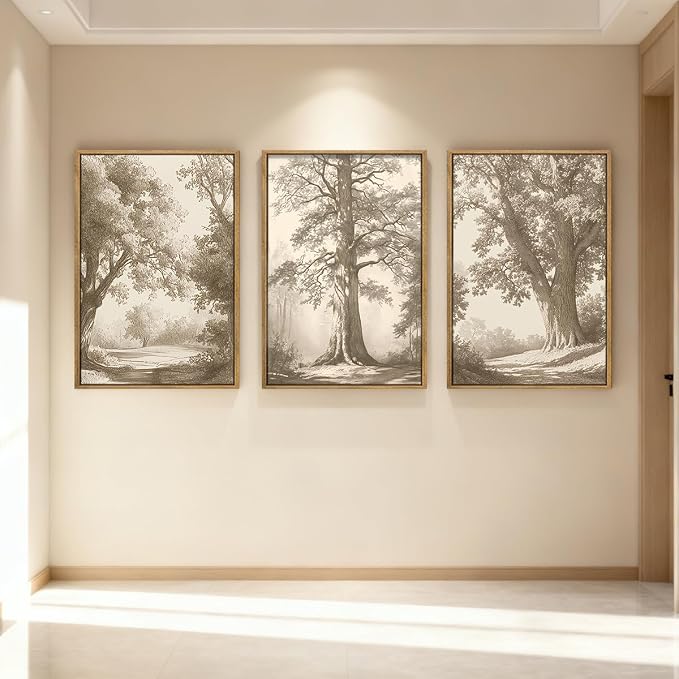 Vintage Tree Canvas Wall Art Framed Rustic Tree Landscape Sketch Antique Painting Neutral Forest Wall Decor 16x24 Inch Farmhouse Botanical Set of 3 for Living Room Bedroom