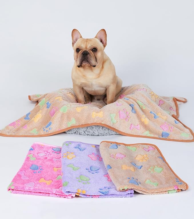 1 Pack 3 Blankets Super Soft Fluffy Cute Bone Pattern Pet Blanket Flannel Throw for Dog Puppy Cat Pink/Brown/Purple Small | Washable Throw Blanket for Crate, Couch, Bed, Travel. Cute Paw & Bone Print. Puppy Essential, Dog Gift,Pink/Brown/Purple