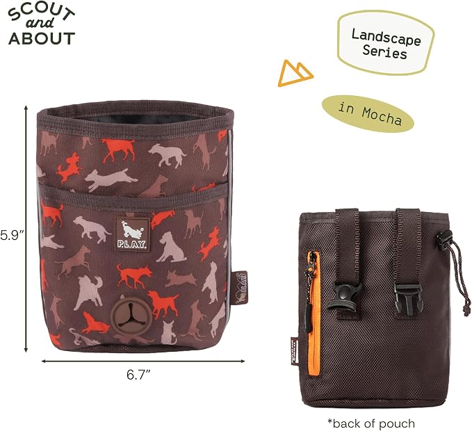 P.L.A.Y. Scout & About Deluxe Training Treat Pouch with Bag Dispenser - 3 Way Wear, Detachable & Adjustable Strap, Reflective Strips, Water-Resistant Back Zipper Pocket, Squeaker (Mocha)