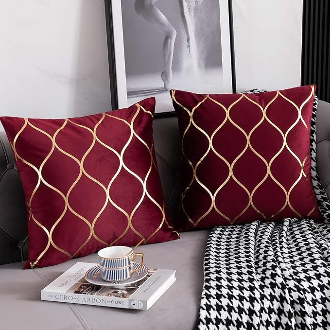 Gold Velvet Throw Pillow Covers: 2 Pack 20x20 Inch Square Decorative Pillow Cases for Bedroom Sofa Couch Living Room, Christmas Burgundy Red