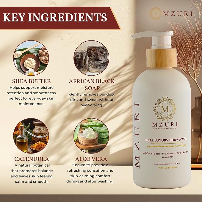 MZURI Unscented Body Wash, African Black Soap, Organic Shea Butter, and Calendula, Moisturizing, Hydrating, and Gentle Formula for Dry, Sensitive Skin, Paraben-Free Luxury Body Wash - 16 Fl. Oz