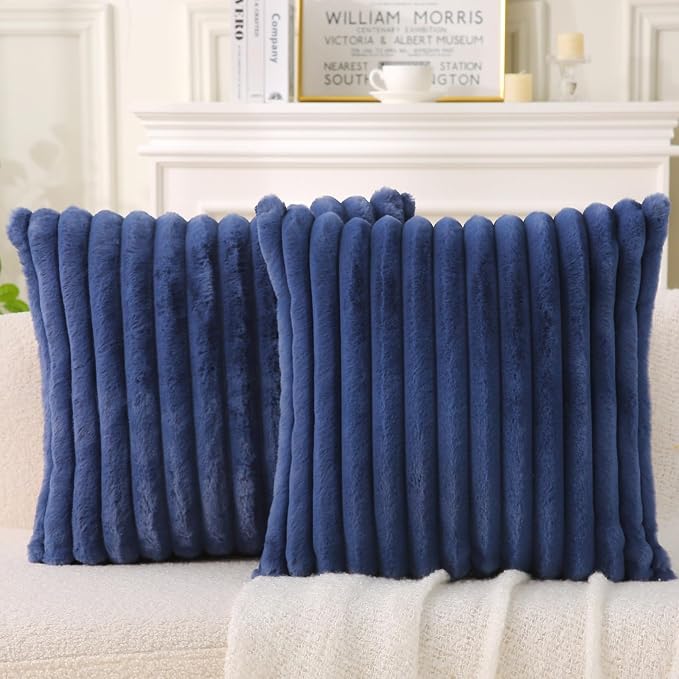 Decorative Throw Pillow with Inserts, Set of 2 Soft Faux Fur Throw Pillows, Square Boho Striped Pillow for Couch, Bed, Sofa Decor (Blue, 18" x 18"(Pack of 2))