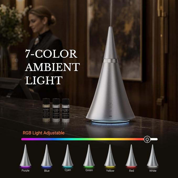 Waterless Diffuser, 2000 Sq.Ft Coverage，Essential Oil Diffuser with Bluetooth App Remote Control, Adjustable Mist Mode, Timer, Mood Lights Aromatherapy Diffuser for Home, Office, Hotel