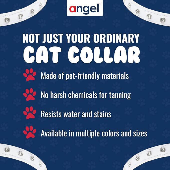 Athens Cat Collar, Leather Kitten Collar w/Rhinestones, Sturdy Breakaway Cat Collar with Bell & Elastic Stretch, Cat Accessories, Ivory White, 10 x ½ inches - Angel Pet Supplies