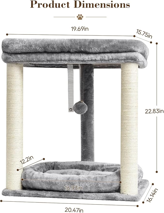 SYANDLVY Small Cat Tree with 2-Tier Perch Platforms, Scratching Post Tower | Natural Sisal, Hanging Bell Ball & Anti-Tip Strap, Modern Cat Furniture for Indoor Cats, Grey