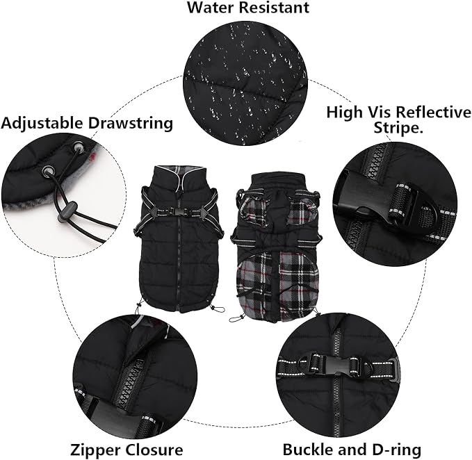 Geyecete Warm Waterproof Winter Dog Coat With Harness Traction Belt - Pet Outdoor Jacket for Autumn and Winter - Medium, Small Dogs - Black-M