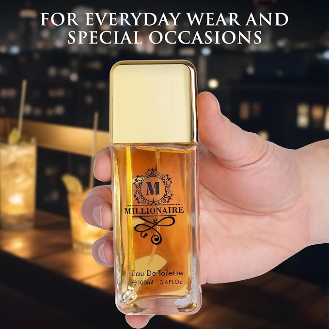 Millionaire Eau De Toilette for Men Citrus, Woody & Spicy Blend Top Notes of Orange & Grapefruit with Mint - Base Notes of Amber, Leather & Patchouli - Vegan & Cruelty-Free - Elegant 100ml Bottle