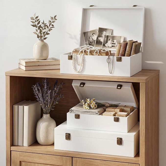 Sliner 3 Pcs Wooden Decorative Storage Boxes with Lids Vintage Wood Organizer Bins for Your Bookshelf Home Decor Safely Store Photos Documents Memory Jewelry Craft Storage (White,S M L Size)