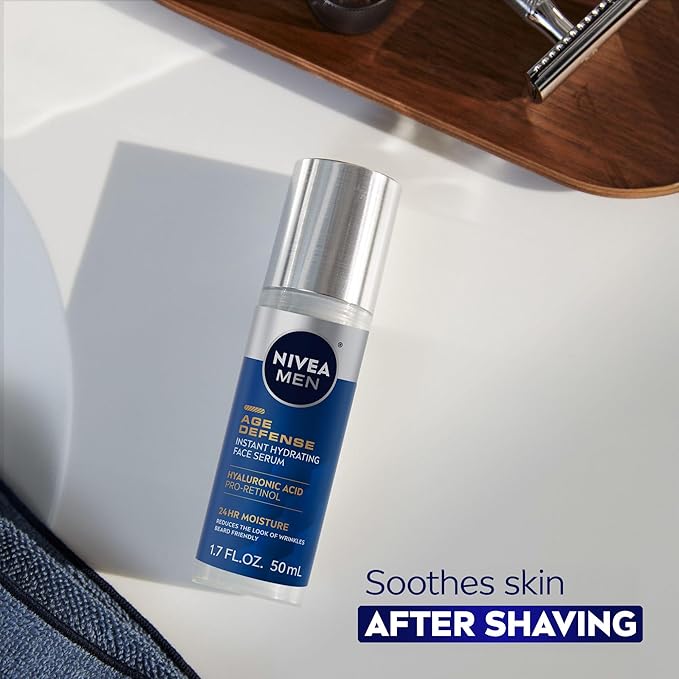 NIVEA MEN Age Defense Instant Hydrating Face Serum for Dry Skin, With Pro-Retinol and Hyaluronic Acid, Facial Serum Helps Reduce Look of Fine Lines and Wrinkles, 1.7 Fl Oz Bottle