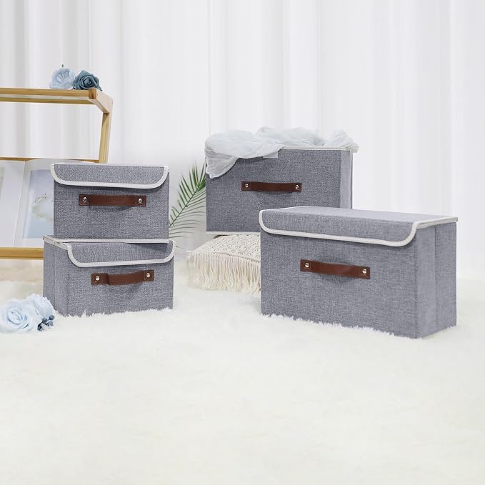 ANMINY Fabric Storage Box Bins with Lids, Gray, 13"x9"x7.9" | Keepsake Memory Storage, Cotton Linen, PP Board Reinforced, Washable, PU Handles, Foldable & Stackable, Decorative, Medium