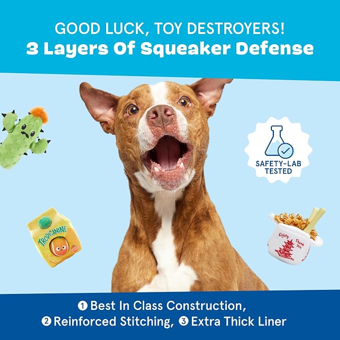 BarkBox Canned Smeat Dog Toy - 2-in-1 - Toy for Extra Small to Small Dogs | Plush Set with 2 Squeakers & Crinkle | Multi-Part Squeak