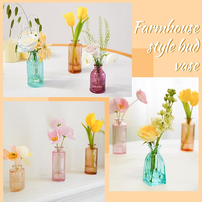12PCS Mixed Colored Bud Vases Colorful Vintage Flower Vase for Centerpieces | Small Glass Vases for Flowers Aesthetic Glass Bottles Bulk Wedding Party Home Decorations Gifts