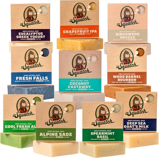 Dr. Squatch Natural Bar Soap for Men Variety Gift Set - Cold Process No Harsh Chemicals - Coconut Castaway, Wood Barrel Bourbon, Fresh Falls, Birchwood Breeze, Cool Fresh Aloe & more (5 oz, 10-Pack)