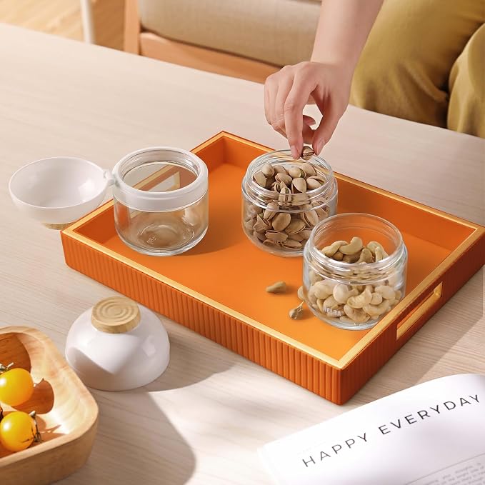 Leather Tray Desktop Storage Organizer, Rectangle Valet Tray, Orange | Premium Serving Trays with Handles, Decorative Tray Desk Organizer for Sundries Cosmetics Phone Wallet Keys Cutlery