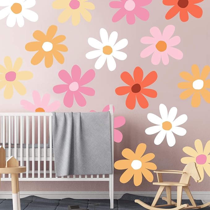 TaoBary 12 Sheet Daisy Wall Sticker Decal,Bright Color,Minimalist Style | Big Flower Wall Sticker, Pink White Floral Decal, Daisy Bedroom Room Decor, Removable Peel and Stick, Nursery Home Wall Decor