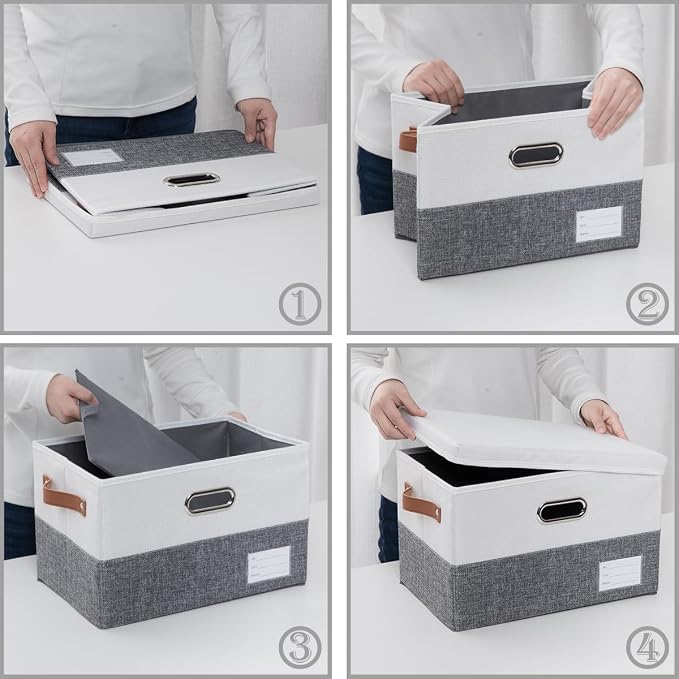 Foldable Storage Bins with Lids [3-Pack] Fabric Collapsible Storage Boxes Baskets Cubes Containers with Handles for Closet Living Room Bedroom (Grey & White 14.9x9.8x9.8'')