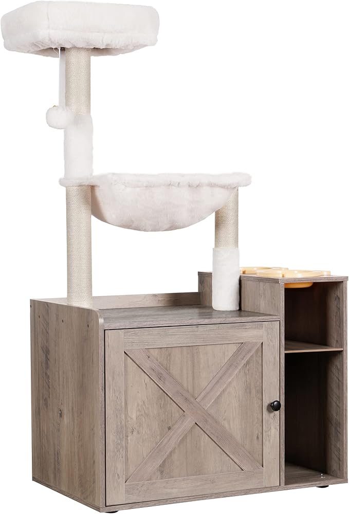 Hey-brother Cat Tree Tower, Food Station, XL Litter Box Enclosure, MPJ101SG | 48.81 Inches Wooden All-in-one Cat Furniture, Large Hammock, Bed, Scratching Posts, Big Basket for Indoor Cats, Rustic Gray