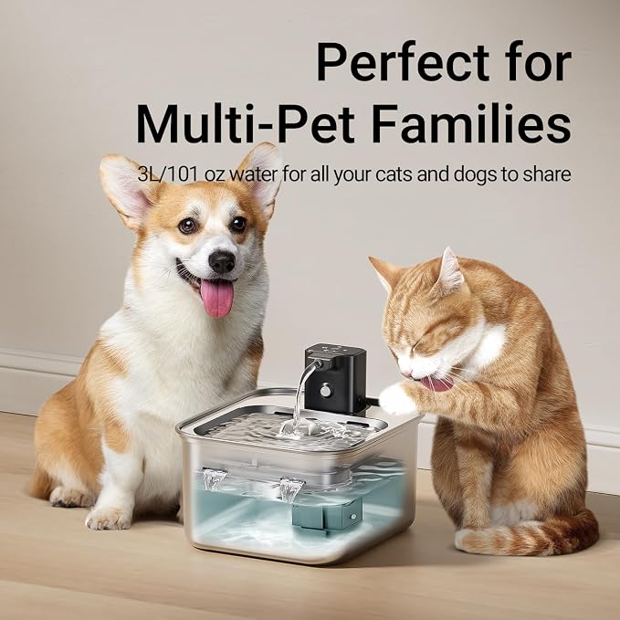 DownyPaws Cat Water Fountain Stainless Steel Wireless, Metal & 6 Filters | Cordless Battery Operated Pet Water Automatic Fountain, 101 Oz/3L Water Fountain for Cats Drinking with Motion Sensor