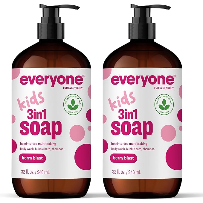 Everyone 3-in-1 Kids Soap, Body Wash, Bubble Bath, Shampoo, 32 Ounce (Pack of 2), Berry Blast, made with Essential Oils for Toddlers, Tweens and Teens
