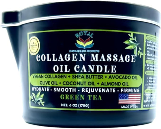 Royal Collagen Massage Oil Candle, Body Massage Oil Candle, Candle Massage Oil, Collagen Massage Oil Candle, Aromatherapy Candle, Couple Massage Oil Candle, 6 oz. with Pouring spout - Green Tea Scent