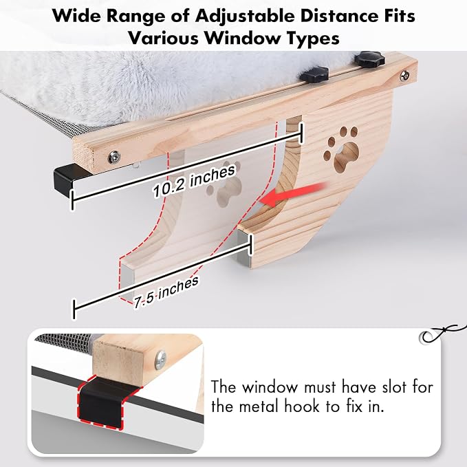 AMOSIJOY Wooden Cat Windowsill Perch with Zipper Cushion Bed, 24.4in | Sturdy Wood & Metal Frame Hold up to 40lbs, Machine Washable, Easy to Adjust, Hook-on Mounting Cat Hammock Seat for Large Cat