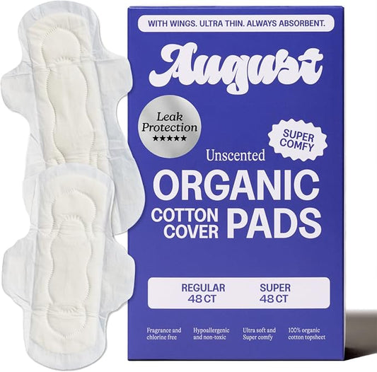 August Menstrual Day & Night Organic Cover Pads, 48-Pack Regular, 48-Pack Super Pads, Compostable Wrappers, Hypoallergenic Organic Cover Sanitary Napkins for Anyone Who Menstruates (6 Boxes of 16)