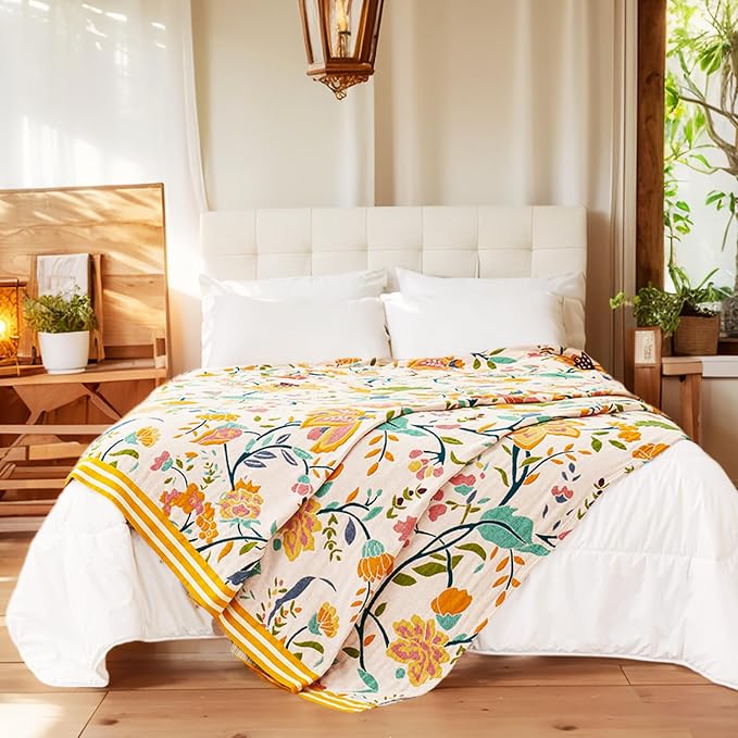 VANJOROY Boho Throw Blanket for Bed, 100% Organic Cotton Breathable Ultra Soft 60" x 80" Quilt Throw - All Season Floral Rustic Farmhouse Decor Luxury Reversible Blanket for Sofa Couch Chair and Gift
