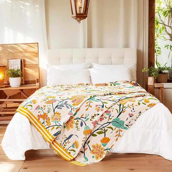 VANJOROY Boho Throw Blanket, 100% Organic Cotton Breathable Ultra Soft 91" x 108" King Bed Quilt Throw - All Season Floral Rustic Farmhouse Decor Luxury Blanket for Sofa Couch Chair and Gift