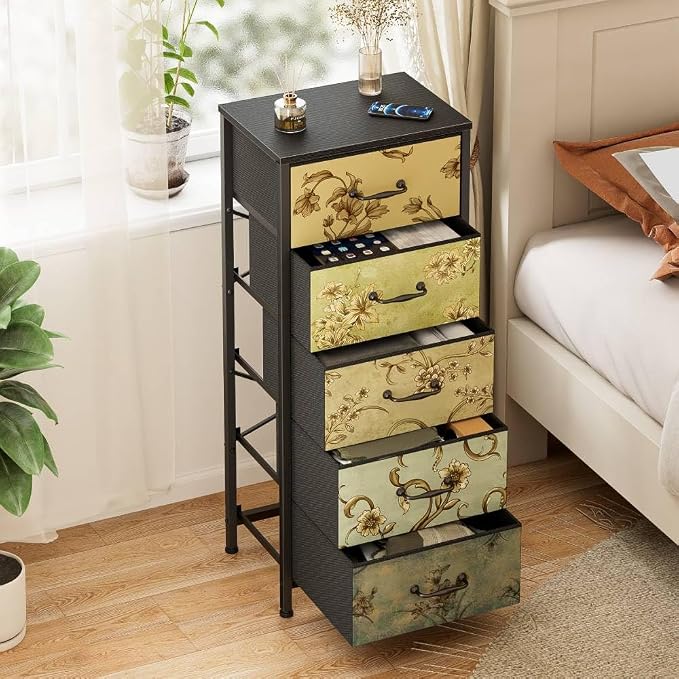 5 Drawer Dresser for Bedroom, Vintage Tall Skinny Storage Dressers | Fabric Dresser with 5 drawers, Vertical Narrow Storage Tower, Small Chest of Drawers, Floral Retro Dresser for Dorm, Wood Top