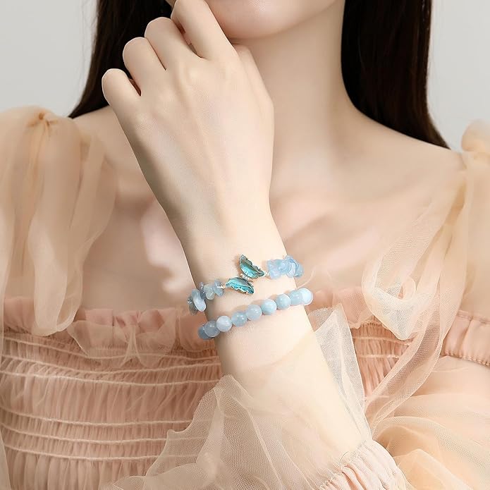DUQGUHO 2Pcs Butterfly Bracelets for Women Healing Crystals Bracelets for Women Natural Gemstone Bead Bracelet Cute Butterfly Charm Bracelet Stretch 8mm Crystal Jewelry Gifts for Women