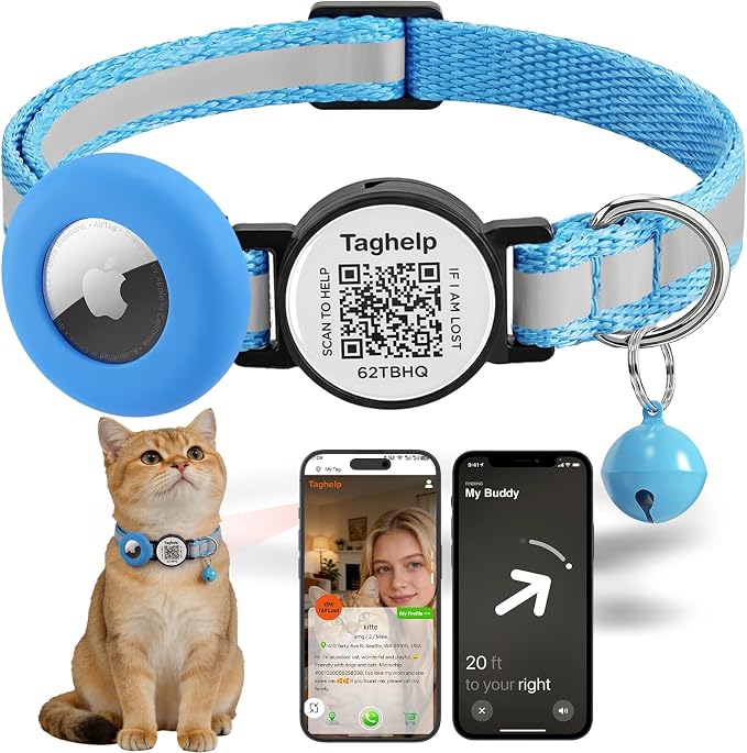 Reflective AirTag Cat Collar, Integrated Cat Collar with Air Tag Holder and Bell, Breakaway with QR Code Name Tag,Safety Elastic Band Cat Collars for Girl Boy Cats, Kittens and Puppies (Blue)