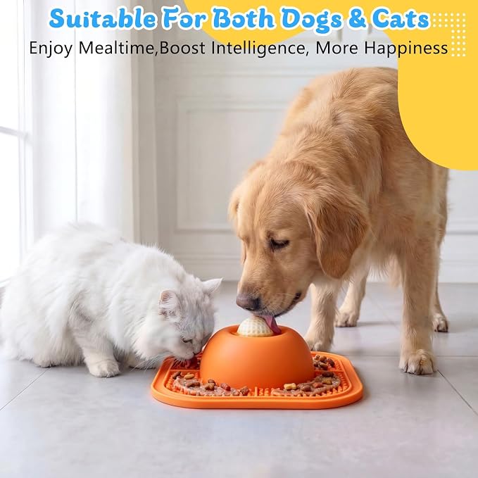 Slow Feeder Dog Bowls & Lick Mat for Liquid and Thick Treat, Anti-Slip Dog Lick Bowl with Interactive Rolling Ball, 5/6 Cup Pup Licking Toy for Large Medium Small Dogs and Cats Orange