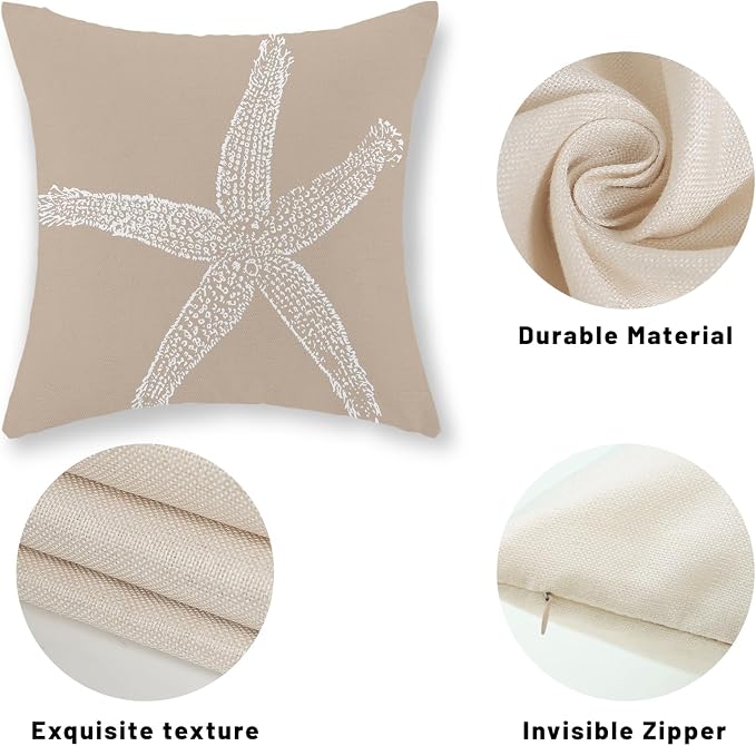 Coastal Pillow Covers 20x20 Inch Set of 2 Brown Tan Coral Starfish Throw Pillows Summer Nautical Beach Ocean Decorations Linen Pillowcase Outdoor Decor Farmhouse Cushion Case for Home Bedroom
