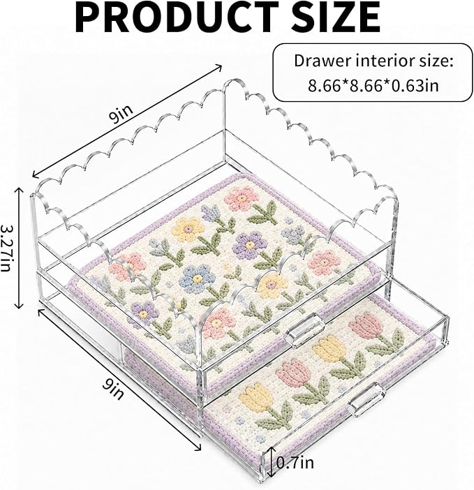 Scalloped Clear Acrylic 2-Drawer Organizer, 9" x 9" Clear Acrylic Tray for Needlepoint,Jewelry,Insert Photos, Art, Fabric, Napkin and Messages Display Basket, Decorative Tray Gift for Home Decor