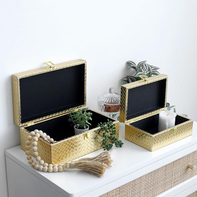 Faux Leather Decorative Jewelry Storage Organizer Boxes Set of 2, Gold | For Keeping Precious Keepsakes, Trinkets, Jewelry And Other Small Items Organized