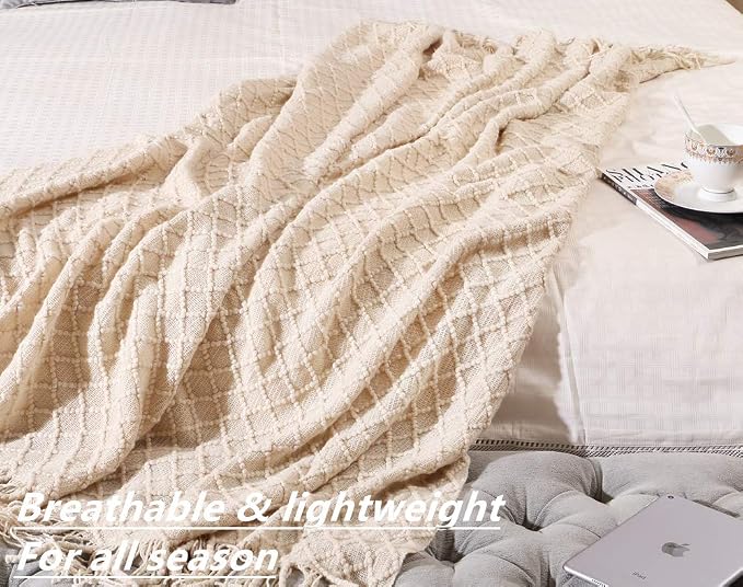 CREVENT Home Decor Rustic Couch Sofa Chair Bed Throw Blanket, Soft Warm Cozy Light Weight for Travelling in Spring Summer (50''X60'' Beige/Ivory)