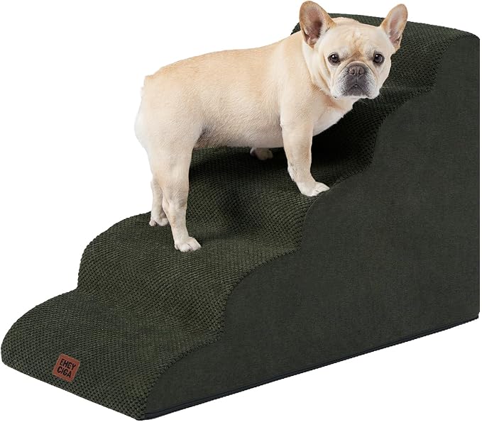 EHEYCIGA Curved Dog Stairs Ramp, 5-Step High Beds, 22.6" H Pet Step | 33D density of pure foam, for Small Dogs and Cats, Pet Stairs for High Bed Climbing, Non-Slip Balanced Indoor, Military Green