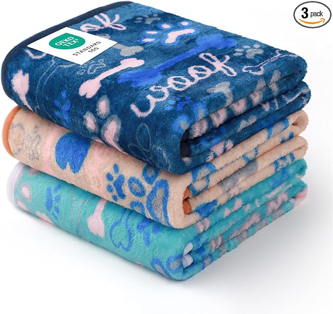 Luciphia 3 Pack Soft Fleece Dog Blankets for Medium Dogs Puppy Cats,30"x20" | Washable Throw Blanket for Crate, Couch, Bed, Travel. Cute Paw & Bone Print. Puppy Essential, Dog Gift,Khaki/Blue/Navy