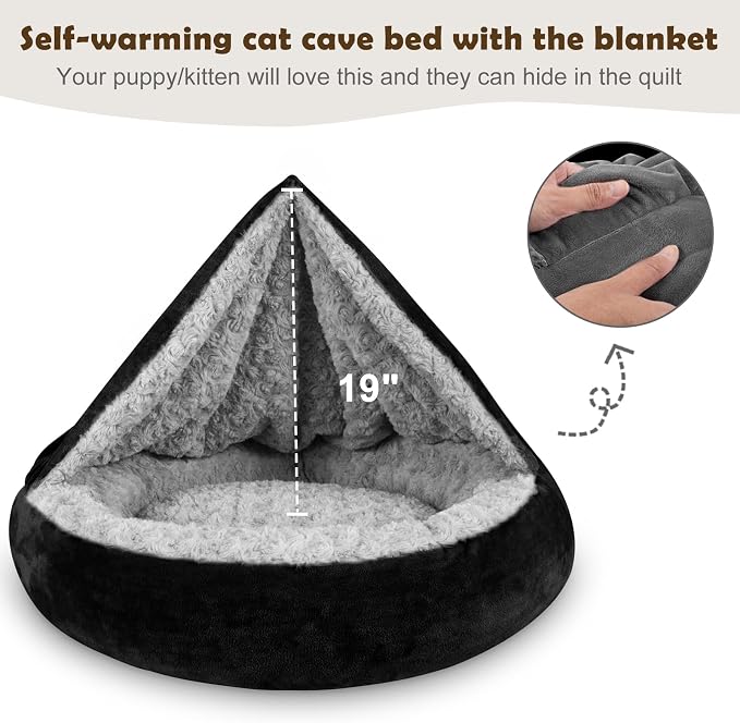 JOEJOY Small Dog Bed Cat Bed with Hooded Blanket, Cozy Cuddler Luxury Puppy Pet Bed, Donut Round Calming Anti-Anxiety Dog Burrow Cave Bed - Anti-Slip Bottom and Machine Washable 23 inch