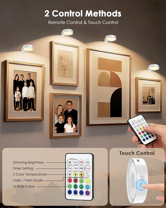 Picture Lights for Wall, Rechargeable Battery Magnetic Wall Lights with 3 Color Temps and 12 RGB, Picture Light with Remote, Dimmable and Timer, Decor Light for Painting/Frame/Art Display