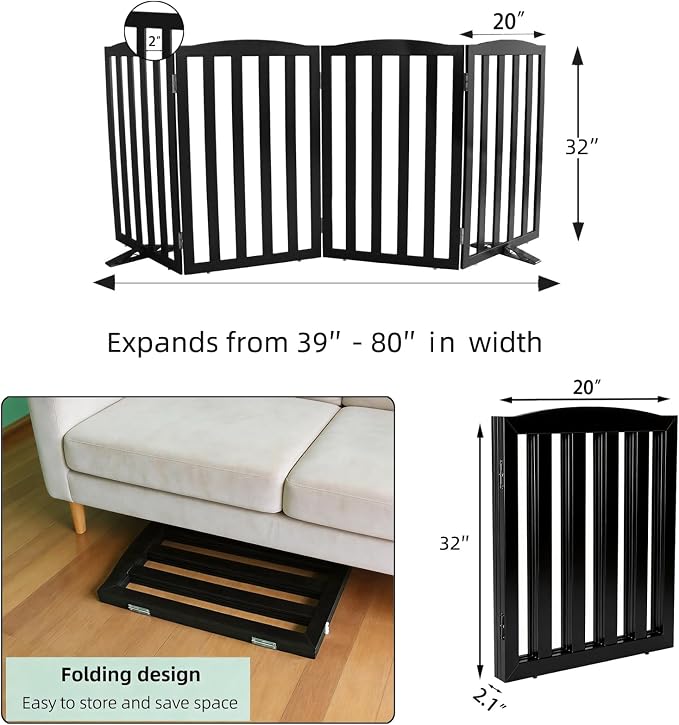 ZJSF Foldable Freestanding Indoor Dog Gate for House Wood Long Pet Gates Dog Fence for Stairs Puppy Gates for Hallways, Puppy Gate,Support Feet Included, Black, 32 "Height-4 Panels