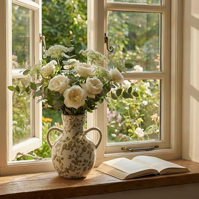 SIDUCAL Ceramic Green and Beige Retro Vase with Handles, 7 Inch Ice Cracked Vintage Pastoral Vase, Rustic Farmhouse Vases for Home Decor, Table, Living Room, Shelf Decor, Chinoiserie Decor