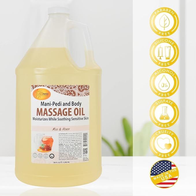 SPA REDI Milk & Honey Massage Oil – Silicone-Free, Paraben-Free & Sulfate-Free | Almond, Avocado, Sunflower & Vitamin E Blend | Sensitive Skin & Dry Feet | Professional Salon & At-Home Use | 128 oz