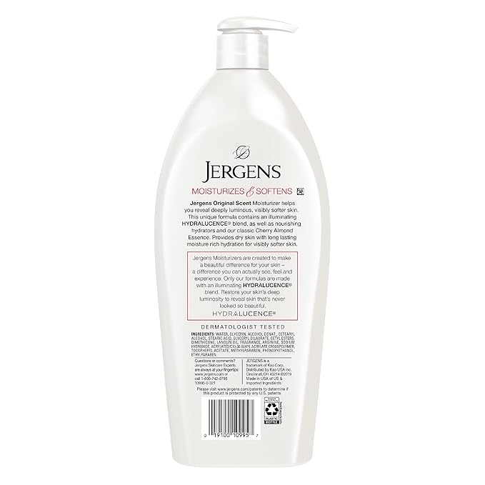 Jergens Original Scent Dry Skin Lotion, Body and Hand Moisturizer for Long Lasting Skin Hydration, with HYDRALUCENCE blend and Cherry Almond Essence, 32 Ounce (Pack of 2)