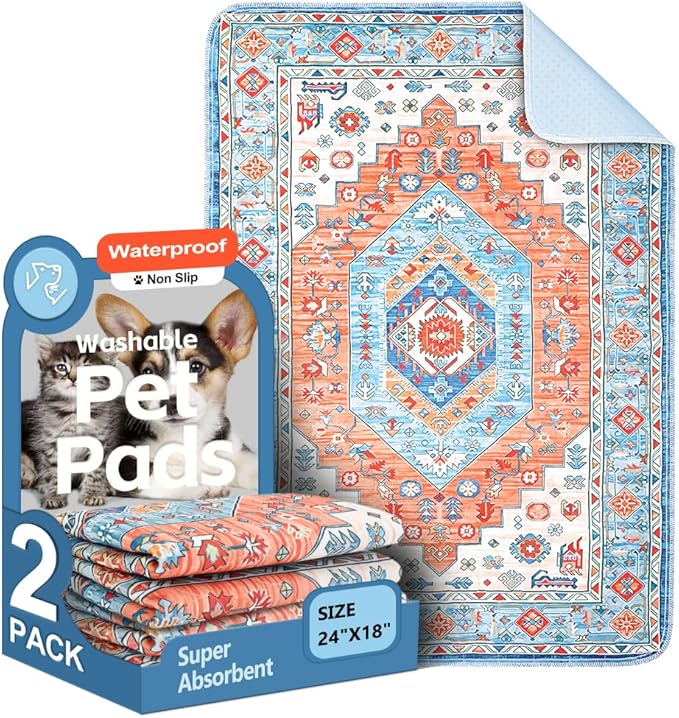 Washable Pee Pads for Dogs, 2 Pack Reusable Puppy Training Pads 24"x18" Super Absorbent Waterproof Dog Training Pads, Non-Slip Potty Pads, Whelping Pads Litter Mat Orange/Mix