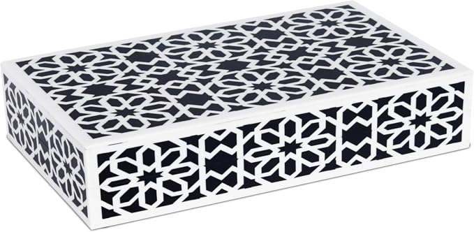 Handicrafts Home Decorative Storage Box with Lid, Black White Islamic Floral Geometry Remote Control Box, Slim Persian Mosaic Storage Box for Shelf, Desk & Living Room Decor, Shiraz 8 x 6 x 1.5