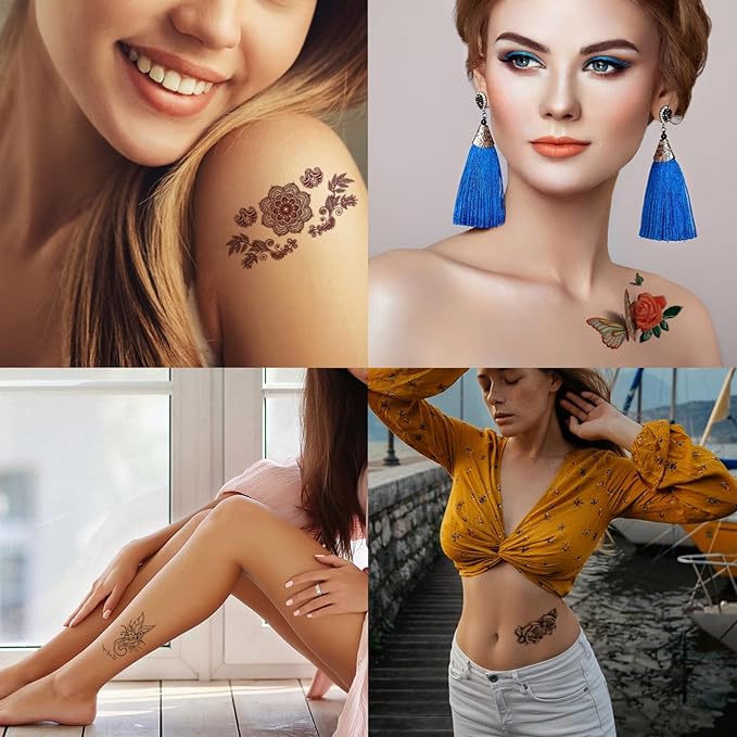 82 Sheets Flowers Temporary Tattoos Stickers, Roses, Butterflies and Multi-Colored Mixed Style Body Art Temporary Tattoos for Women, Girls or Kids