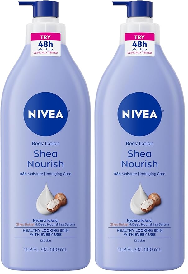 NIVEA Shea Nourish Body Lotion for Dry Skin with Hyaluronic Acid, Shea Butter and Deep Nourishing Serum, 48-Hour Body Moisturizer, 16.9 Fl Oz Pump Bottle (Pack of 2)